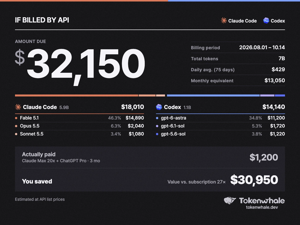 按 API 定价展示 Claude Code 和 Codex 用量的示例卡片。